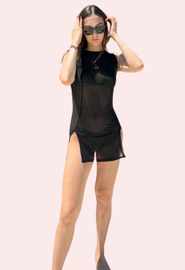 Sheer Black Mini Dress with Dual Open Slits Snazzyway